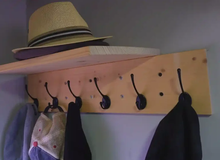 a DIY hook and shelf combo hangs on the wall