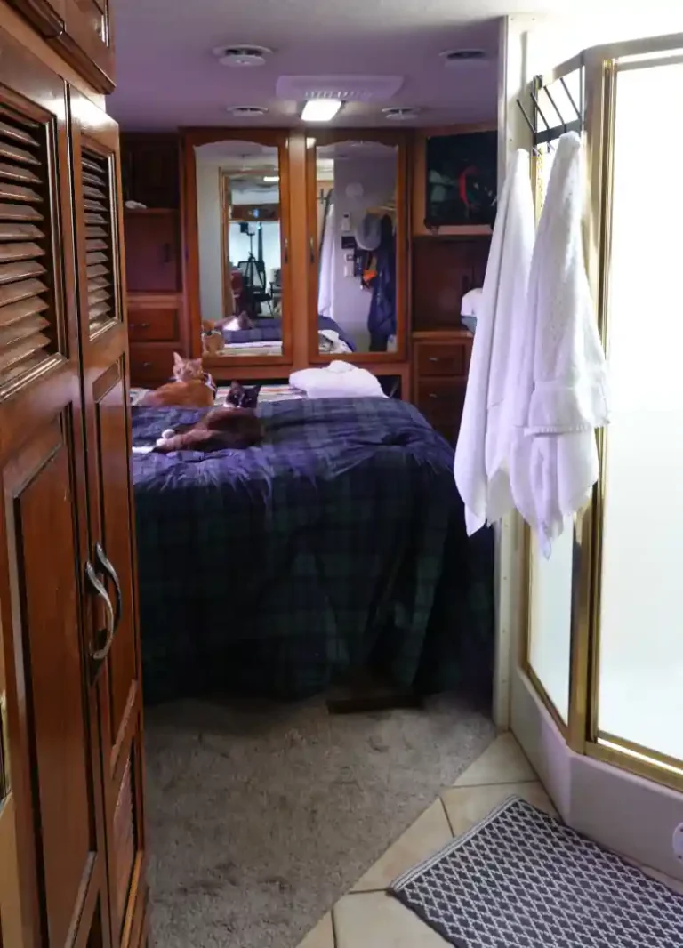 A small RV bathroom is in view featuring over the door hangers for towels and robes